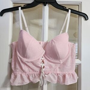 Forever 21 Pink Lace Corset Bustier Top Underwire Lace Up XL